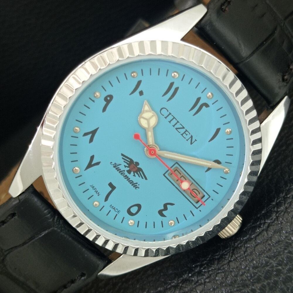 Vintage 1986 Citizen Automatic Mens Silver Watch W/daydate & Blue accents - Picture 1 of 10